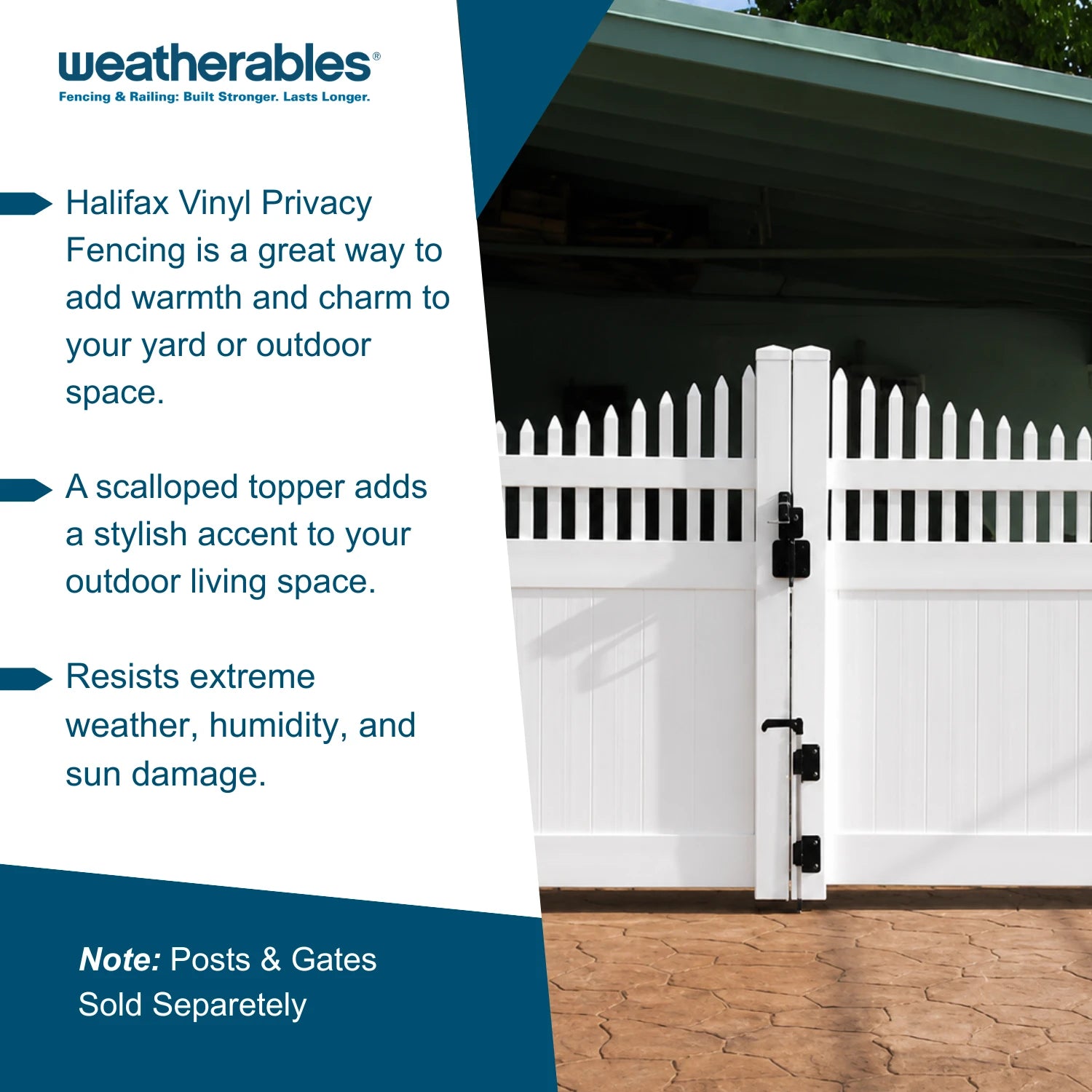 White vinyl privacy gate with black hardware shown in a real outdoor setting beside a green structure, with promotional text on the left from weatherables.