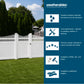 White vinyl fence panel and gate set installed in a green lawn backyard, shown beside a dark blue informational panel with Weatherables branding and feature icons.