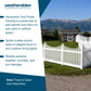 Promotional graphic for weatherables Hampshire Vinyl Picket Fencing, showing a white picket fence in a backyard setting with mountains in the background, alongside text detailing product benefits.