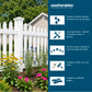 Promotional graphic for Weatherables fencing and railing, showing a white picket fence in a landscaped garden next to a dark blue text panel with product benefits and color options.