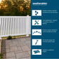A promotional graphic for Weatherables fencing, showing a white vinyl fence installed along a property line with a stone patio in the foreground and a dark blue text panel on the right listing product benefits with icons.