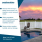 Promotional graphic for Weatherables Hanover Pool Fencing, featuring a white picket fence around a swimming pool with a lounge chair, set against a sunset sky. The left side contains product text on a split white and dark teal background.