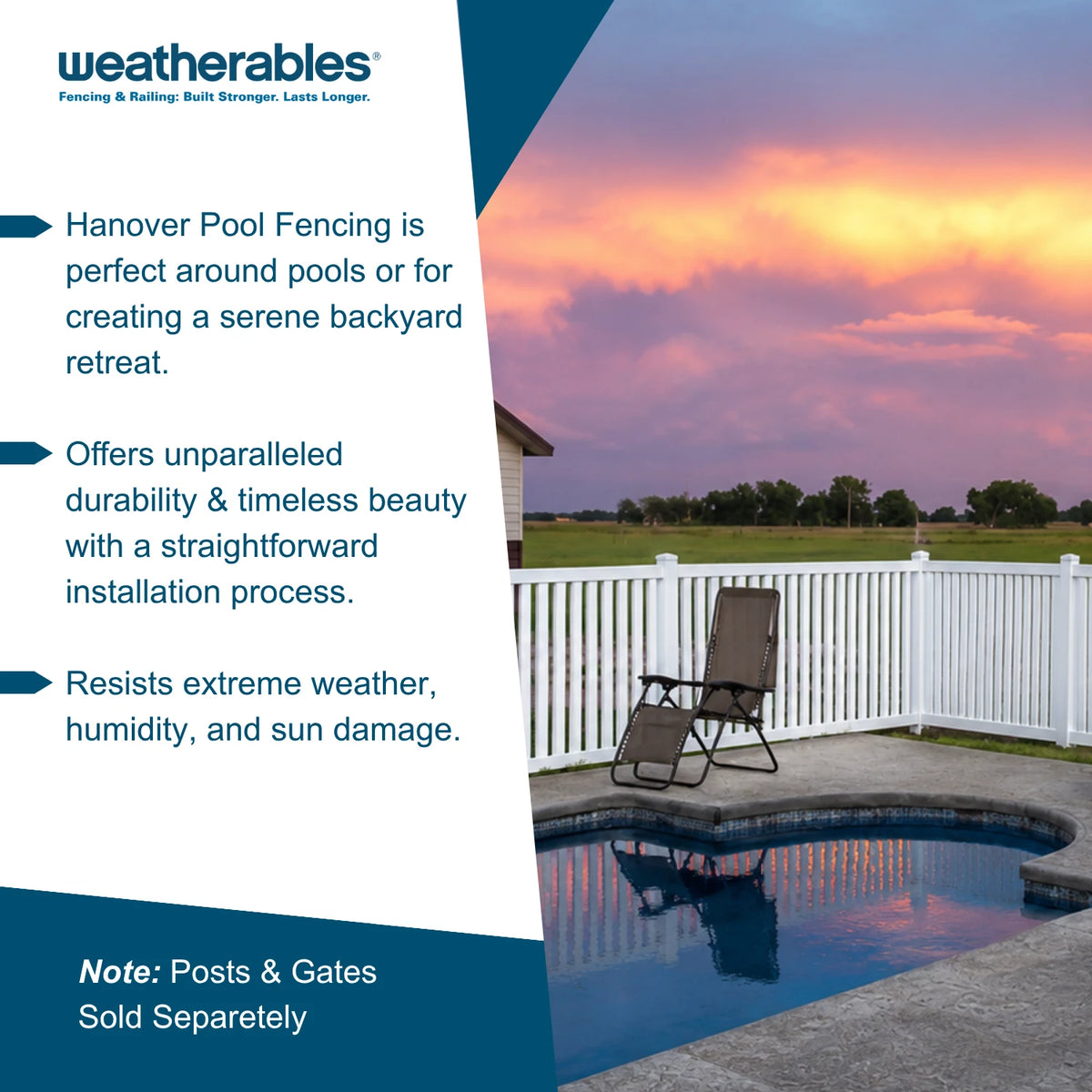 Promotional graphic for Weatherables Hanover Pool Fencing, featuring a white picket fence around a swimming pool with a lounge chair, set against a sunset sky. The left side contains product text on a split white and dark teal background.