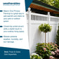 Promotional graphic for Weatherables Mason Vinyl Privacy Fencing, showing a white privacy fence in a landscaped garden with text callouts on the left side.
