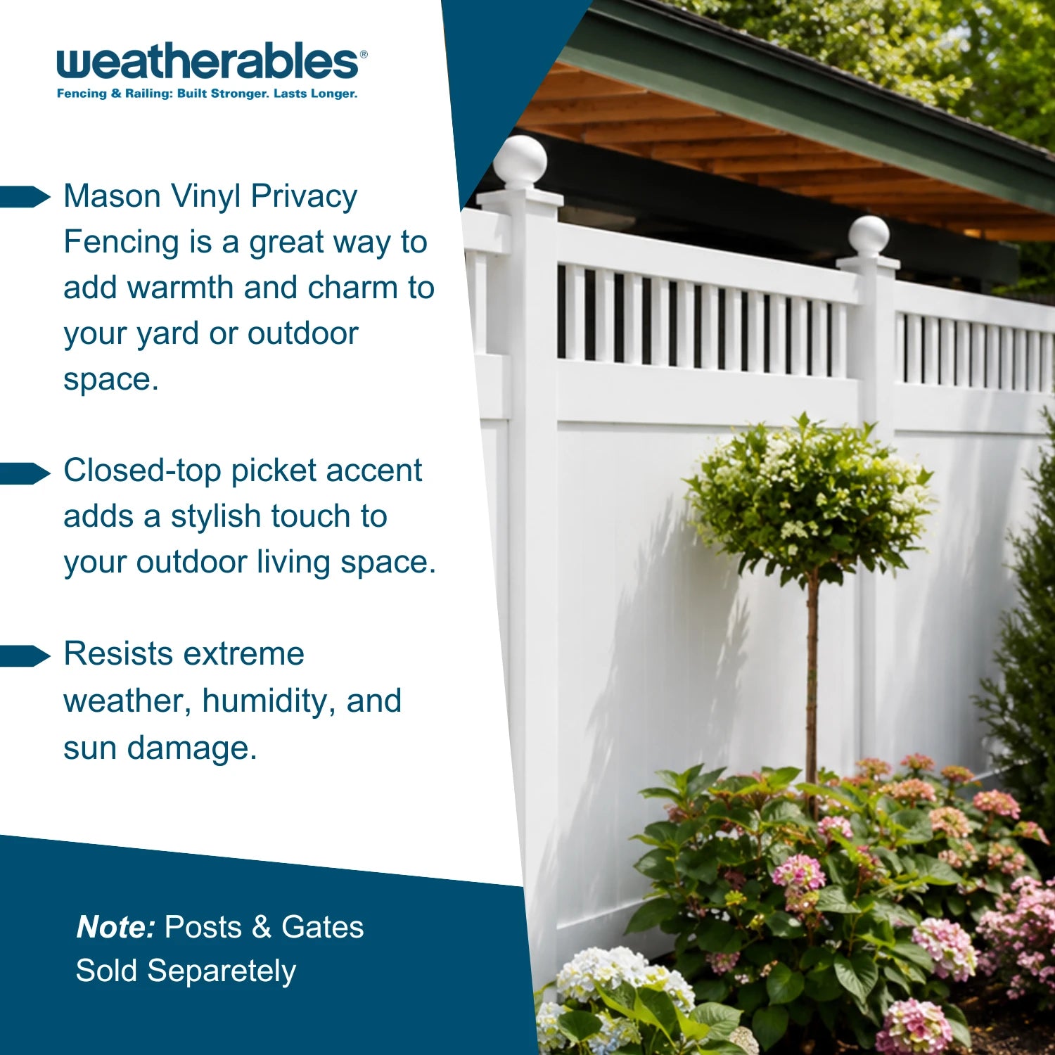 Promotional graphic for Weatherables Mason Vinyl Privacy Fencing, showing a white privacy fence in a landscaped garden with text callouts on the left side.