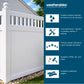 White vinyl fence panel shown outdoors next to a house, with a dark blue information panel on the right listing Weatherables benefits and available colors.