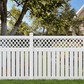 Weatherables Meridian white lattice-top vinyl semi-privacy fence with green grass and trees in the background