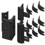 Black metal brackets on a white background