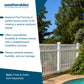 Promotional graphic for Neptune Pool Fencing by Weatherables, showing a white vinyl fence installed along a poolside property with trees and blue sky in the background. Text highlights durability, installation ease, and weather resistance.