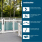 A promotional graphic for Weatherables fencing and railing, showing a white vinyl fence installed around a swimming pool on a gray deck, with a dark blue sidebar containing feature icons and text.