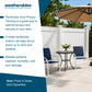 Weatherables white vinyl privacy fence panel shown installed on a patio with outdoor furniture, trees, and a large umbrella, alongside marketing text describing privacy, security, and weather resistance.