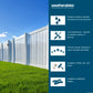 A promotional graphic for Weatherables fencing, showing a white metal fence installed in a grassy yard under a blue sky on the left, with a dark blue information panel on the right containing icons and text about weather-resistant materials, low maintenance, premium quality, available colors, and heights.