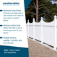 Promotional graphic for Weatherables Richmond Vinyl Picket Fencing, showing a white picket fence installed along a gravel path with trees in the background. The left side features a white panel with blue text detailing product benefits, and the top left corner includes the Weatherables brand logo.