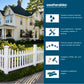 A promotional graphic for Weatherables fencing and railing. The left side shows a white picket fence in front of a yellow house with greenery.