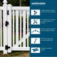White vinyl fence panel and gate with black hardware shown outdoors next to a dark blue informational panel with Weatherables branding and feature callouts.