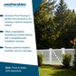 Promotional graphic for Weatherables Sarasota Pool Fencing, featuring a white vinyl fence installed in a green backyard setting with trees and lawn. The left side contains product description text on a white and dark blue background.