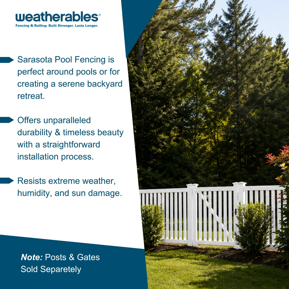 Promotional graphic for Weatherables Sarasota Pool Fencing, featuring a white vinyl fence installed in a green backyard setting with trees and lawn. The left side contains product description text on a white and dark blue background.