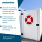 White vinyl privacy fence gate with a red and white life preserver hanging on the right side, set outdoors against a blue sky. The left side features a dark teal text panel explaining Weatherables fencing benefits.