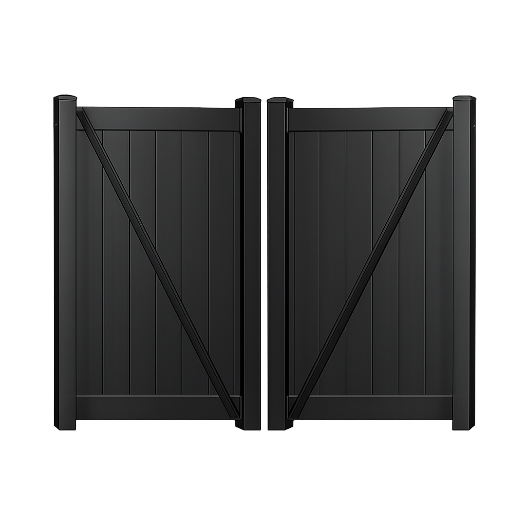 Savannah black vinyl privacy fencing double gate stock image
