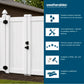 White vinyl fence panels with black hinges shown outdoors next to a dark blue informational panel listing features for Weatherables fencing and rolling.