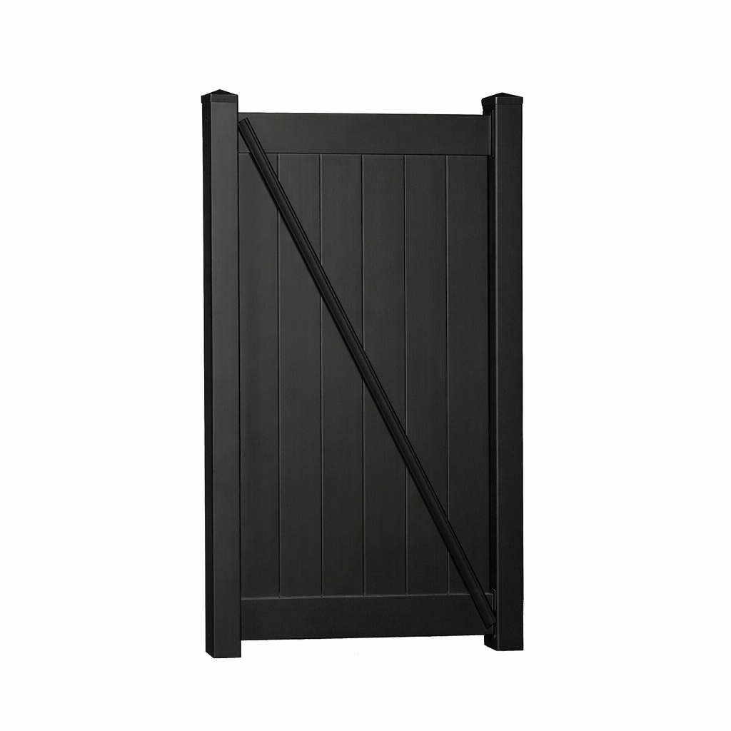 Savannah black vinyl privacy fencing gate stock image