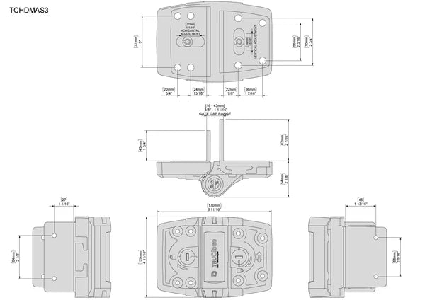 True Close Multi Adjust heavy duty gate hinge technical drawing