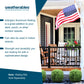 Promotional graphic for Weatherables aluminum railing, featuring a real porch scene with a black railing, wooden chairs, a white American flag, and text callouts on a white and navy design.