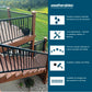 Promotional graphic for Weatherables deck and railing systems, showing a brown wooden staircase with black metal railings on the left and a dark blue information panel on the right with icons and text about weather resistance, low maintenance, quality, color options, and section availability.