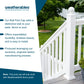 Promotional graphic for Weatherables ball post caps, featuring a white outdoor railing with a post and ball cap detail, alongside text callouts on a split white and teal background.