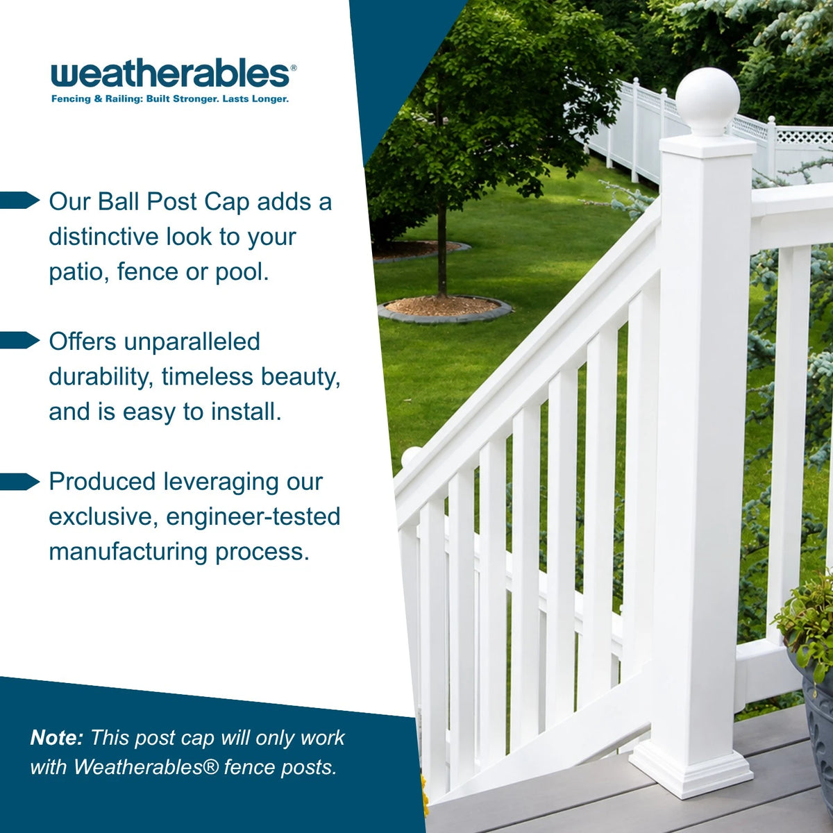 Promotional graphic for Weatherables ball post caps, featuring a white outdoor railing with a post and ball cap detail, alongside text callouts on a split white and teal background.