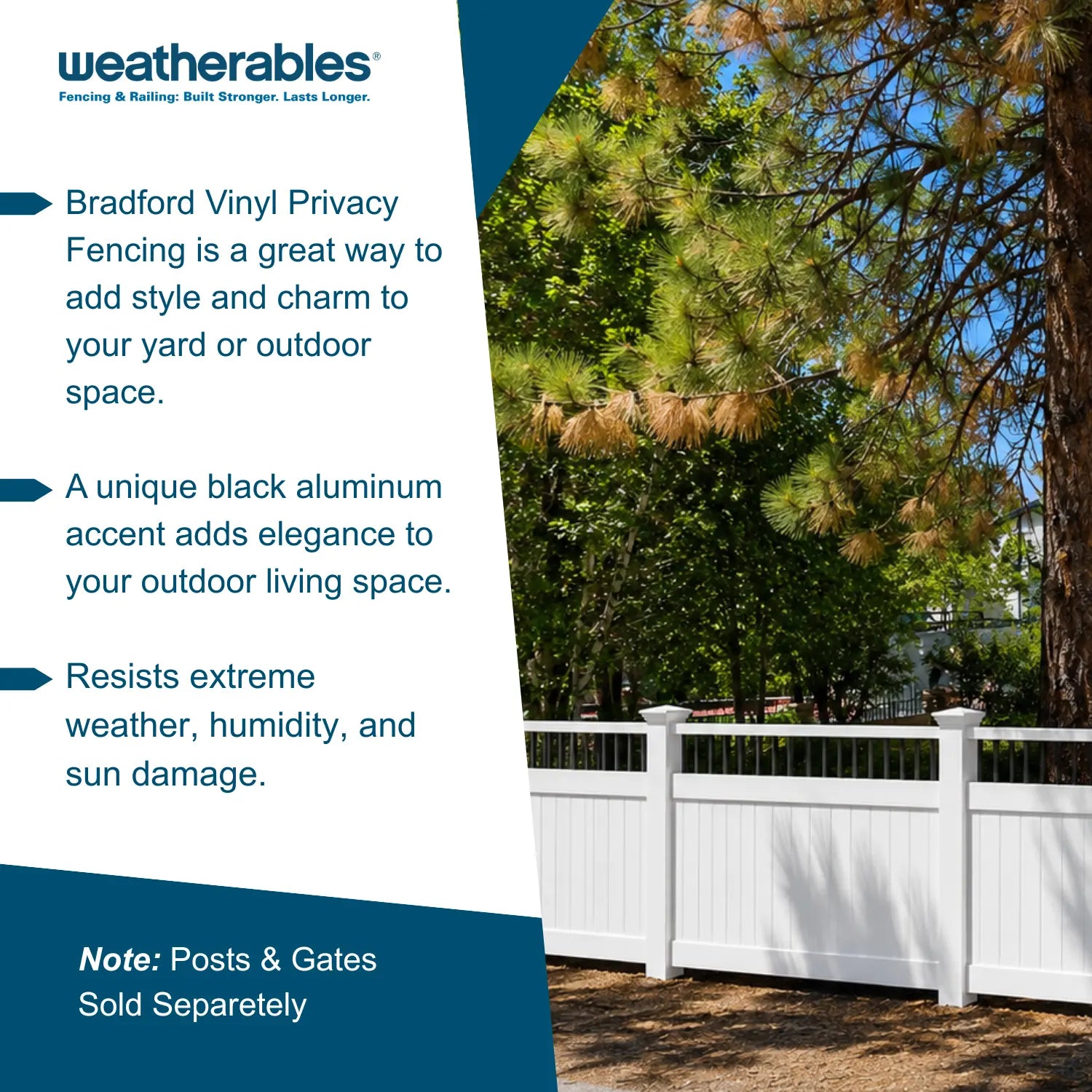 Promotional graphic for Bradford Vinyl Privacy Fencing, showing a white vinyl fence installed outdoors with trees and blue sky behind it. The left side contains product text about the fencing, including a note that posts and gates are sold separately.