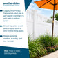 Promotional graphic for Weatherables Calgary Vinyl Privacy Fencing, showing a white picket fence in a backyard setting with an orange patio umbrella, green plants, and blue sky. Text on the left highlights benefits of the fencing.