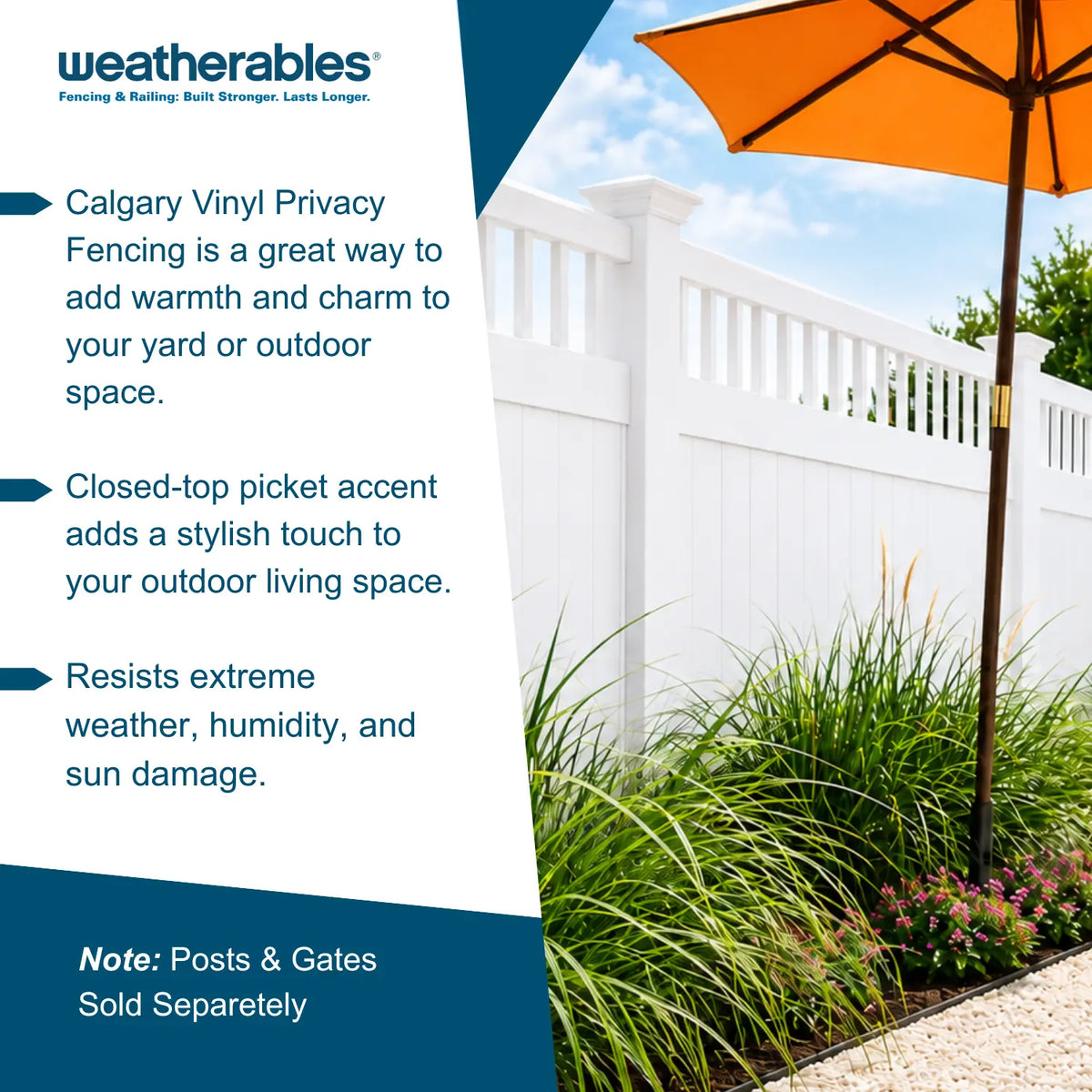 Promotional graphic for Weatherables Calgary Vinyl Privacy Fencing, showing a white picket fence in a backyard setting with an orange patio umbrella, green plants, and blue sky. Text on the left highlights benefits of the fencing.