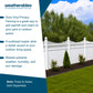 Promotional graphic for Weatherables Dora Vinyl Privacy Fencing, showing a white scalloped topper fence installed in a green backyard with trees and lawn. The left side contains product text on a white and dark teal background.