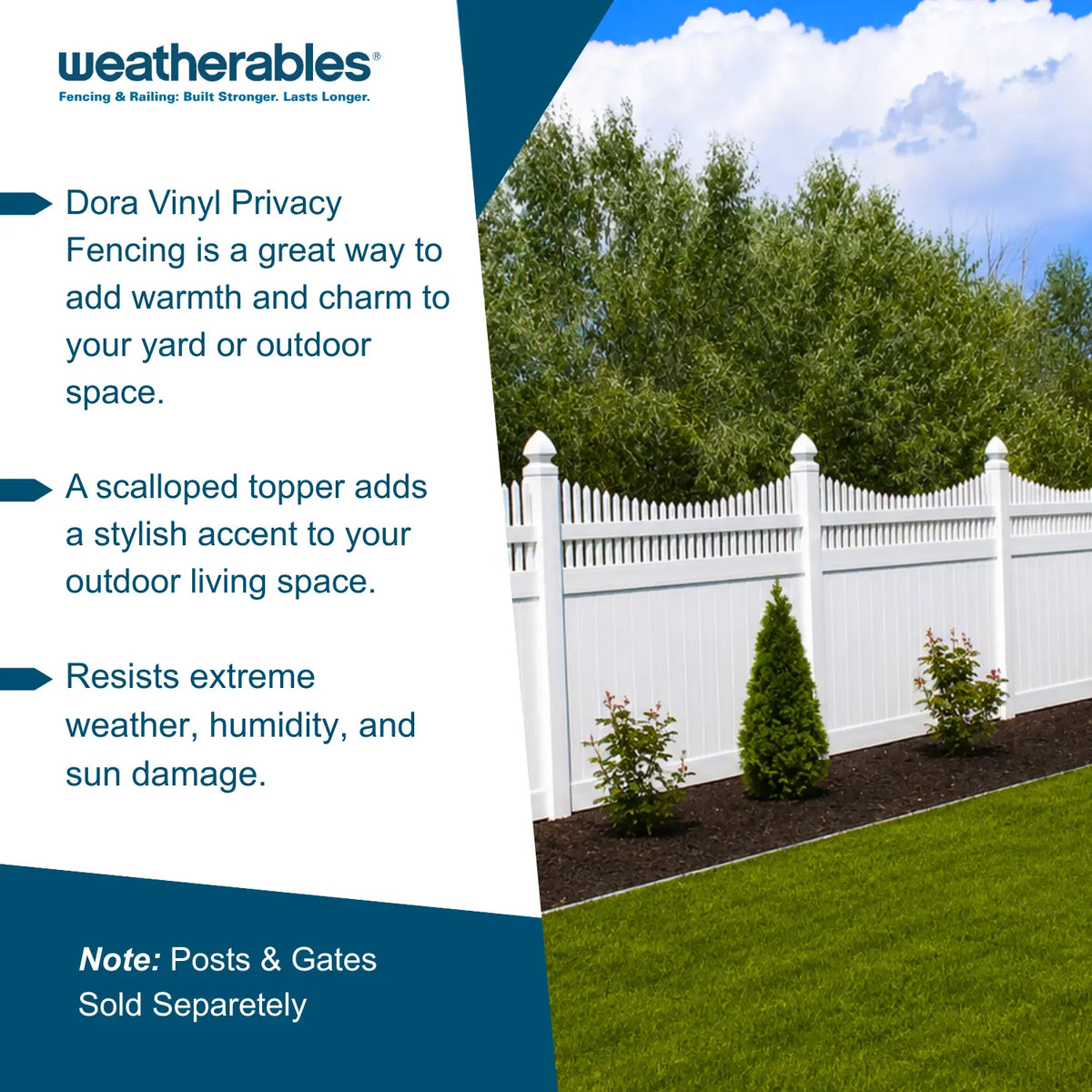 Promotional graphic for Weatherables Dora Vinyl Privacy Fencing, showing a white scalloped topper fence installed in a green backyard with trees and lawn. The left side contains product text on a white and dark teal background.