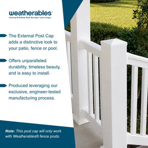 Promotional graphic for Weatherables External Post Cap, showing a white vinyl post cap installed on a white fence in a backyard setting, with text callouts on the left side.