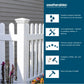 A promotional graphic for Weatherables fencing and railing. The left side shows a close-up of a white picket fence in front of gray siding with small flowers at the base.