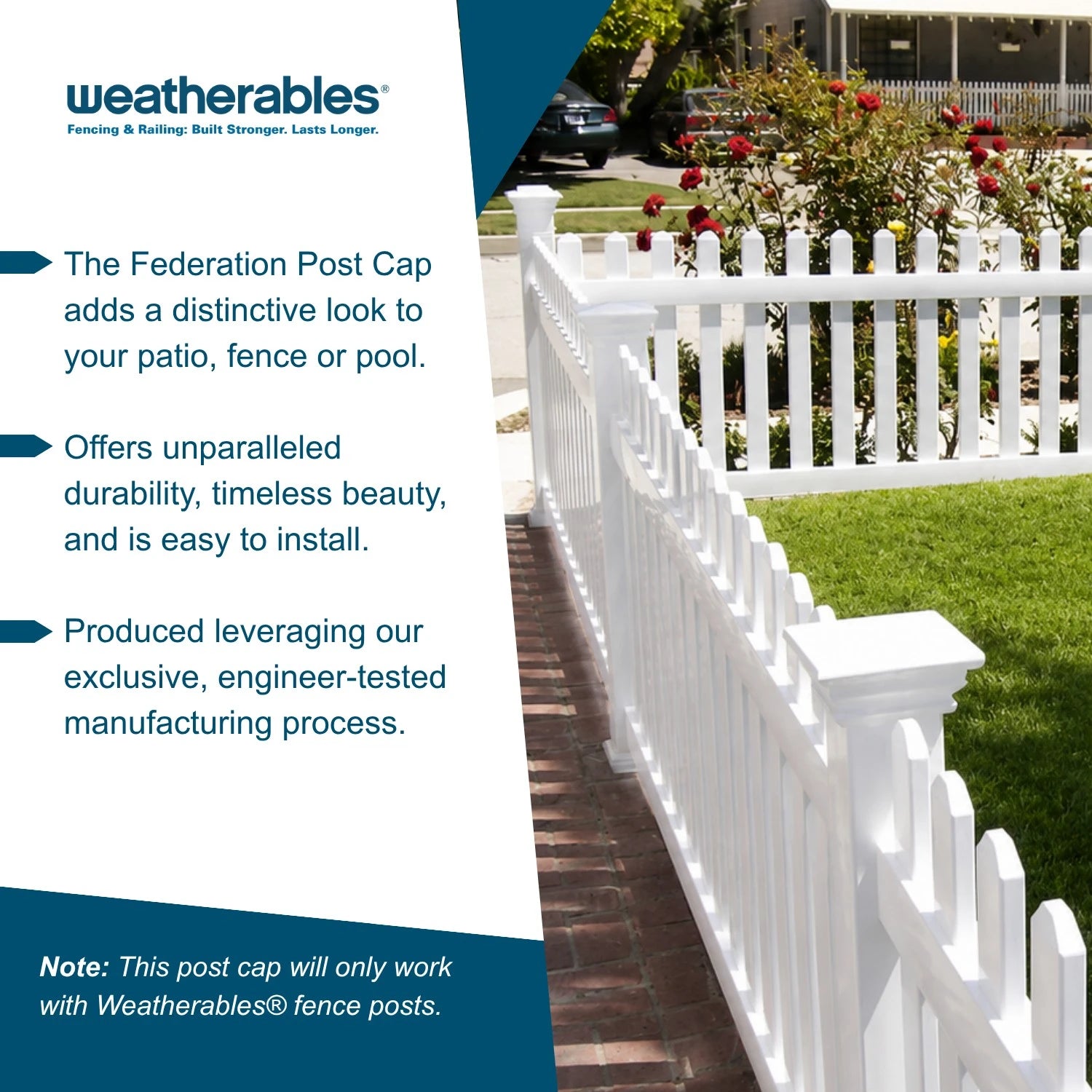 Promotional graphic for Weatherables post caps showing a white picket-style fence installed in a residential yard, with text callouts on the left describing features and benefits.