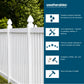 White vinyl fence panel section shown outdoors next to a dark blue informational panel with Weatherables branding and feature icons.