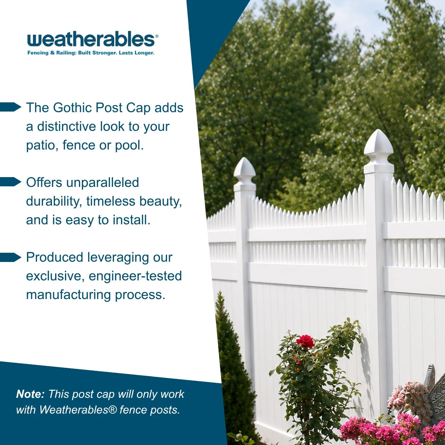 Promotional graphic for Weatherables post caps, featuring a white picket fence with green trees in the background and text callouts on the left side.