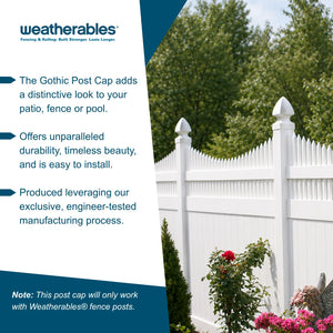 Promotional graphic for Weatherables post caps, featuring a white picket fence with green trees in the background and text callouts on the left side.