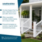 Promotional graphic for Weatherables post caps showing a white post cap fence installed around a porch and pool area, with text callouts on the left side.