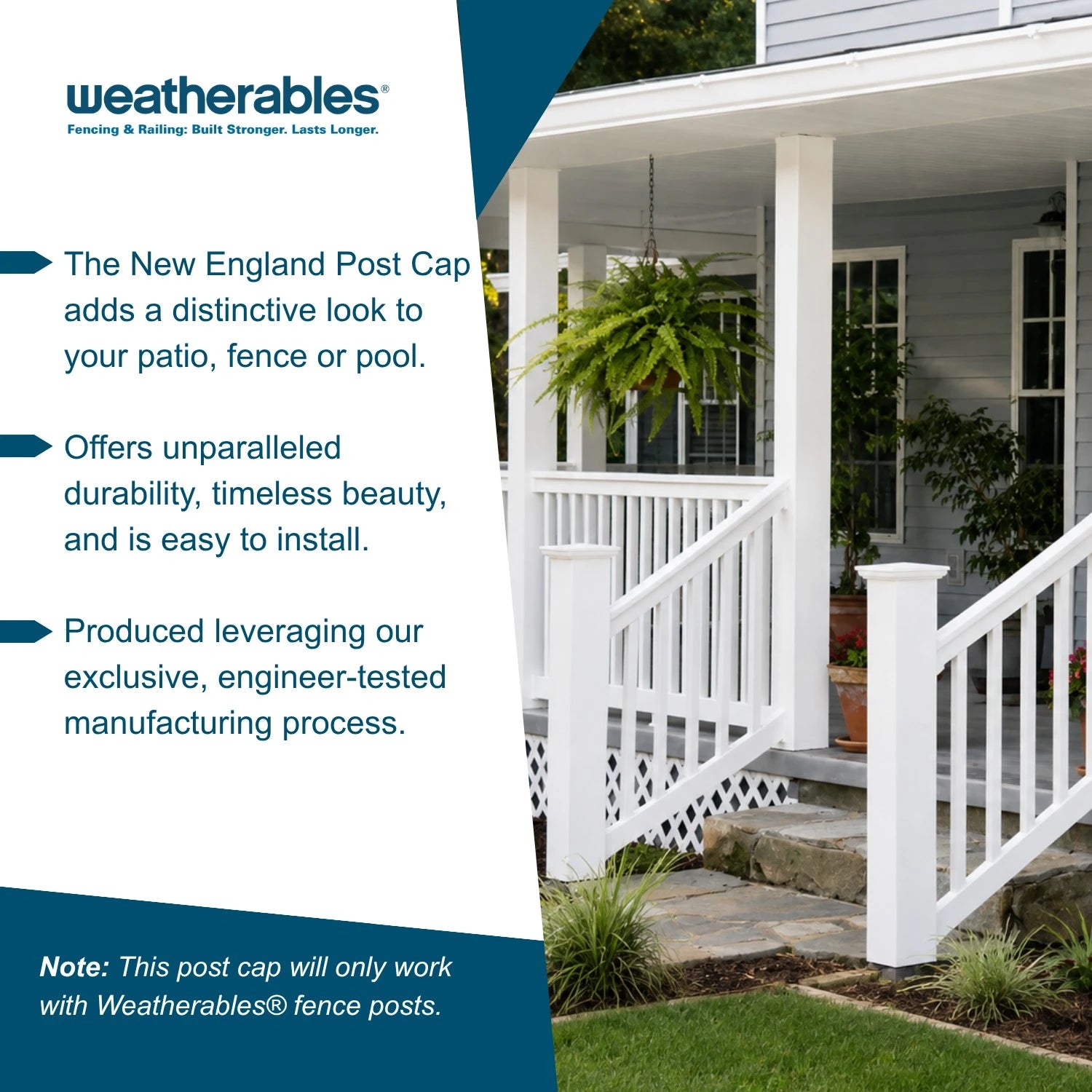 Promotional graphic for Weatherables post caps showing a white post cap fence installed around a porch and pool area, with text callouts on the left side.