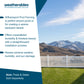 Promotional graphic for Weatherables Williamsport Pool Fencing, featuring a white picket fence on a green lawn with mountains in the background, alongside text detailing product benefits.