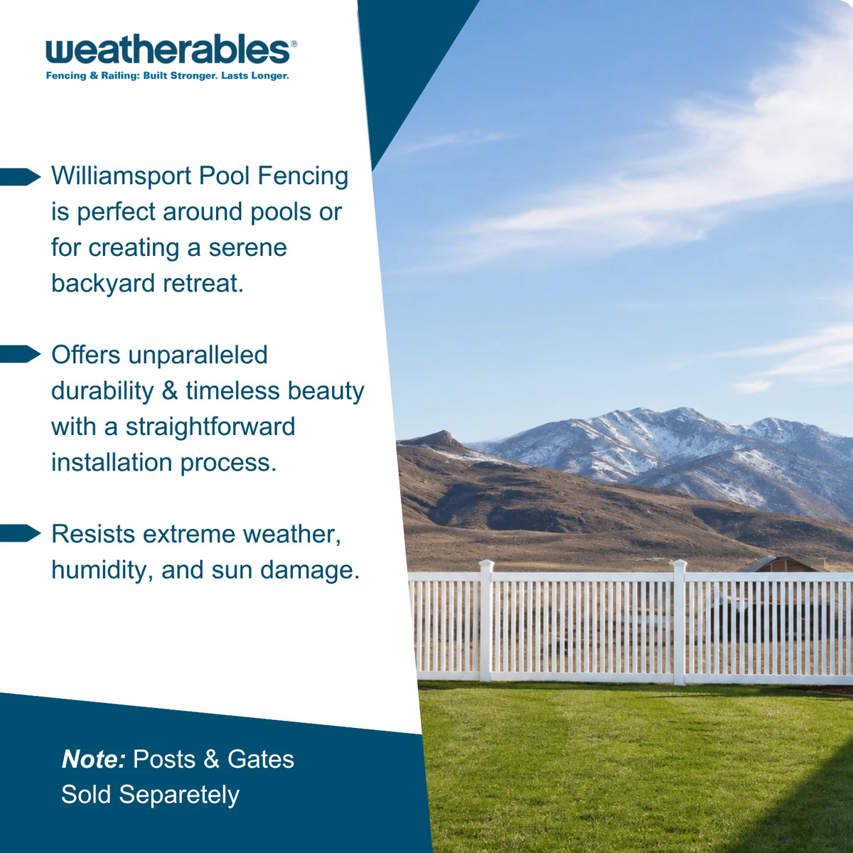 Promotional graphic for Weatherables Williamsport Pool Fencing, featuring a white picket fence on a green lawn with mountains in the background, alongside text detailing product benefits.