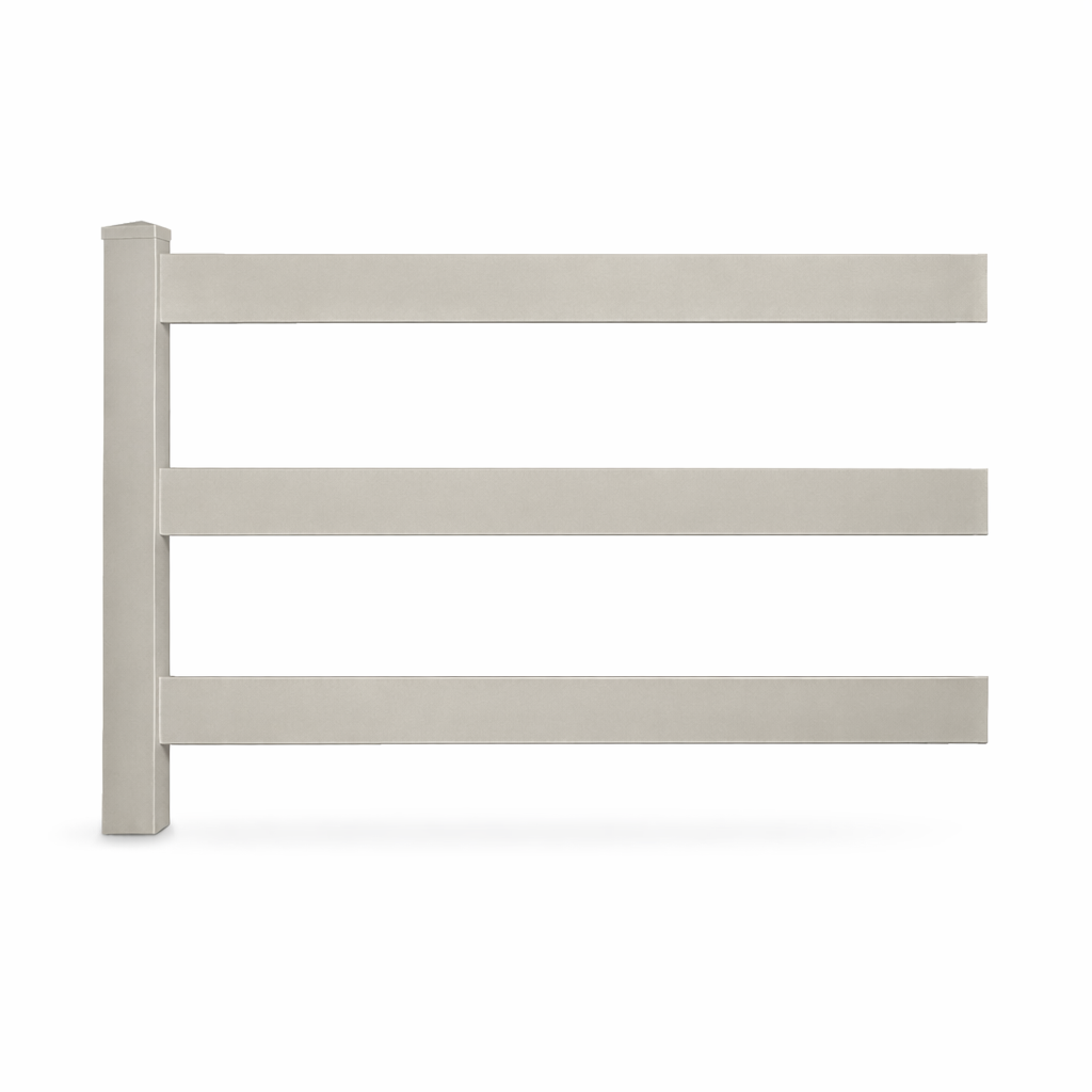 Tan 3-rail vinyl horse fencing stock image