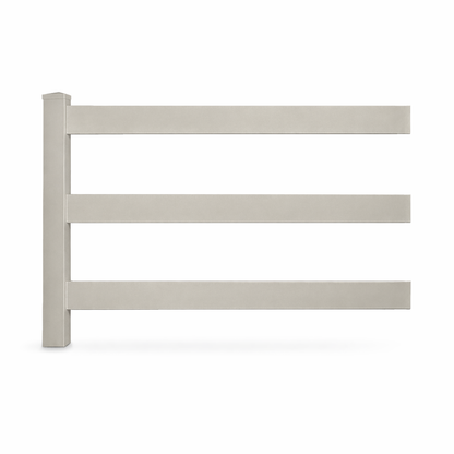 Tan 3-rail vinyl horse fencing stock image