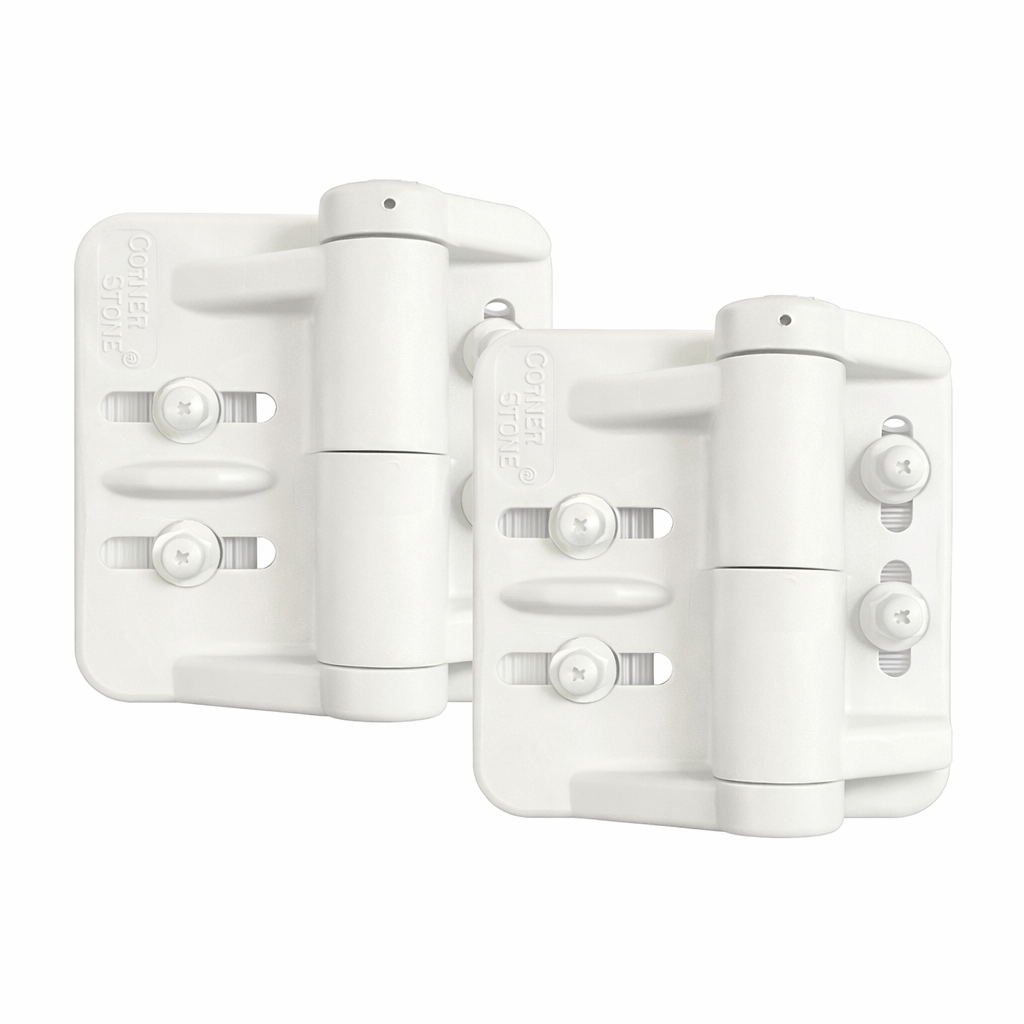 Two white hinges on a white background