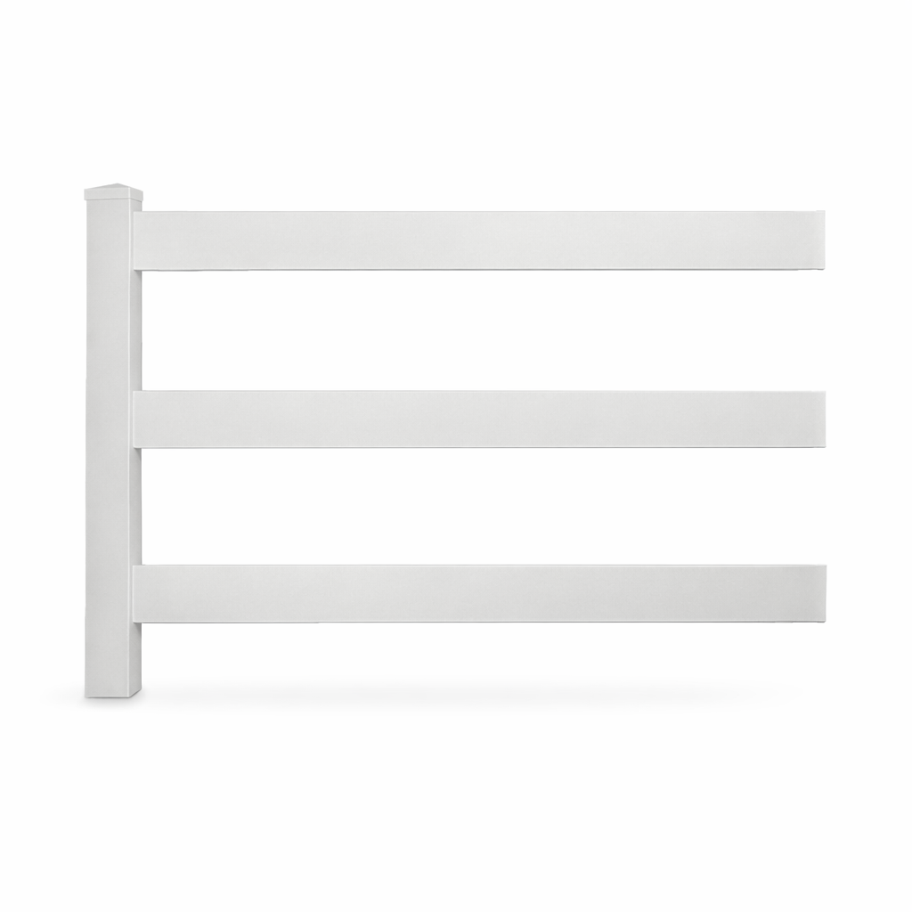 White 3-rail vinyl horse fencing stock image
