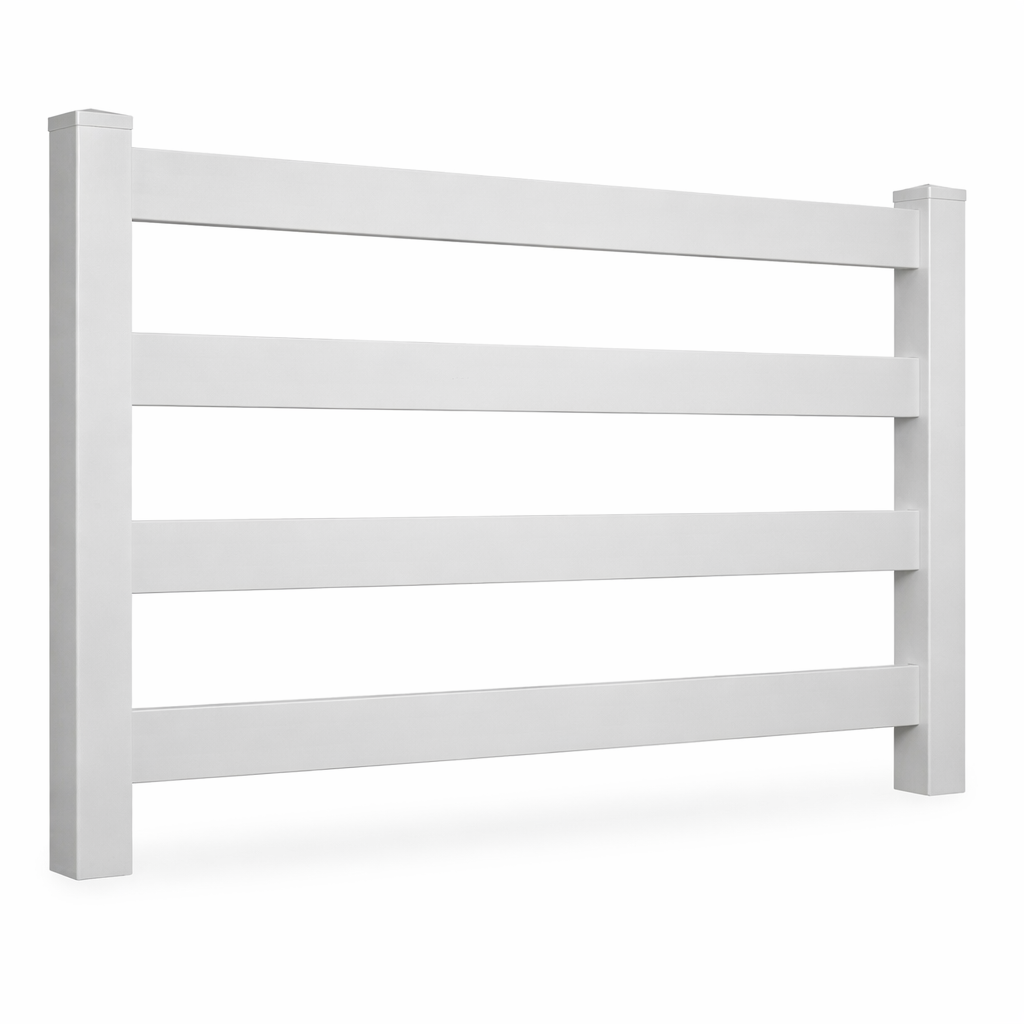 White 4-rail vinyl horse fencing stock image